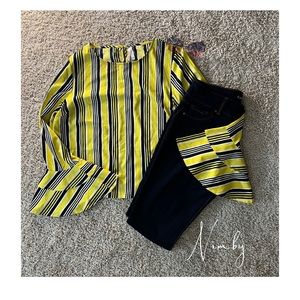 True Y2K Blouse striped stretch flare sleeve Black Yellow White XL